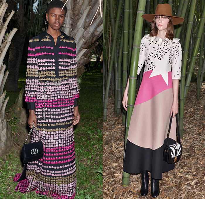 Valentino 2020 Resort Cruise Pre-Spring Womens Lookbook Presentation Pierpaolo Piccioli - Orto Botanico Denim Jeans Turtleneck Pea Coat Head Scarf Bedazzled Embroidery Sequins Feathers Pantsuit Onesie Jumpsuit Coveralls Wide Leg Silk Satin Leaves Flowers Tiles Art Deco Pussycat Bow Maxi Dress Gown Fringes Tassels Sheer Chiffon Ruffles Mermaid Wide Belt Cape Hanging Sleeve Logo Mania Blouse Shirtdress Stars Handbag Purse Floppy Hat Boots