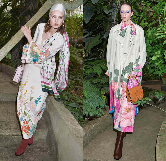 Valentino 2020 Resort Cruise Pre-Spring Womens Lookbook Presentation Pierpaolo Piccioli - Orto Botanico Denim Jeans Turtleneck Pea Coat Head Scarf Bedazzled Embroidery Sequins Feathers Pantsuit Onesie Jumpsuit Coveralls Wide Leg Silk Satin Leaves Flowers Tiles Art Deco Pussycat Bow Maxi Dress Gown Fringes Tassels Sheer Chiffon Ruffles Mermaid Wide Belt Cape Hanging Sleeve Logo Mania Blouse Shirtdress Stars Handbag Purse Floppy Hat Boots