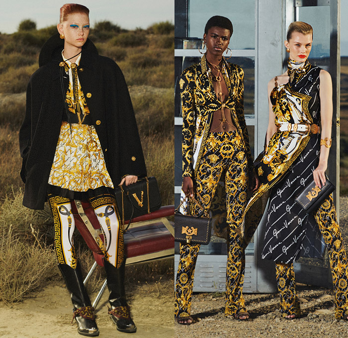 Versace 2020 Resort Cruise Pre-Spring Womens Lookbook Presentation - 1980s Eighties Western Rodeo Queen Cowgirl Frontier Baroque Medusa Medallion Frankenstein Padded High Poufy Puff Shoulders Coat Motorcycle Biker Jacket Bedazzled Studs Crystals Suede Leopard Belts Print Bolo Tie Tie-Dye Silk Scarf Check Plaid Hanging Sleeve Pantsuit Bralette Dress Miniskirt Signature Logo Tights Stockings Crossbody Handbag Fanny Pack Bum Bag Ribbons Boots