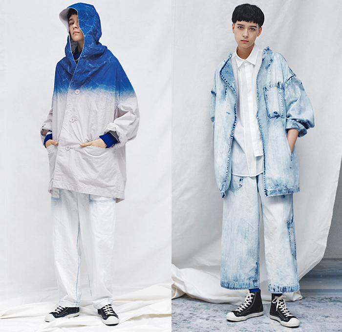 Y's by Yohji Yamamoto 2020 Resort Cruise Pre-Spring Womens Lookbook Presentation - Faded Bleached Denim Jeans Gradient Coat Parka Hoodie Cropped Blazer Slouchy Deconstructed Onesie Shirtdress Asymmetrical Buttons Knit Cardigan Silk Satin Flowers Floral Moon Phase Maxi Dress Drawstring Strap Capelet Tied Knot Wide Leg Leggings Culottes Cargo Pockets Tote Bag High Tops Sneakers