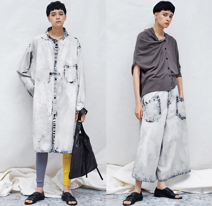 Y's by Yohji Yamamoto 2020 Resort Cruise Pre-Spring Womens Lookbook Presentation - Faded Bleached Denim Jeans Gradient Coat Parka Hoodie Cropped Blazer Slouchy Deconstructed Onesie Shirtdress Asymmetrical Buttons Knit Cardigan Silk Satin Flowers Floral Moon Phase Maxi Dress Drawstring Strap Capelet Tied Knot Wide Leg Leggings Culottes Cargo Pockets Tote Bag High Tops Sneakers