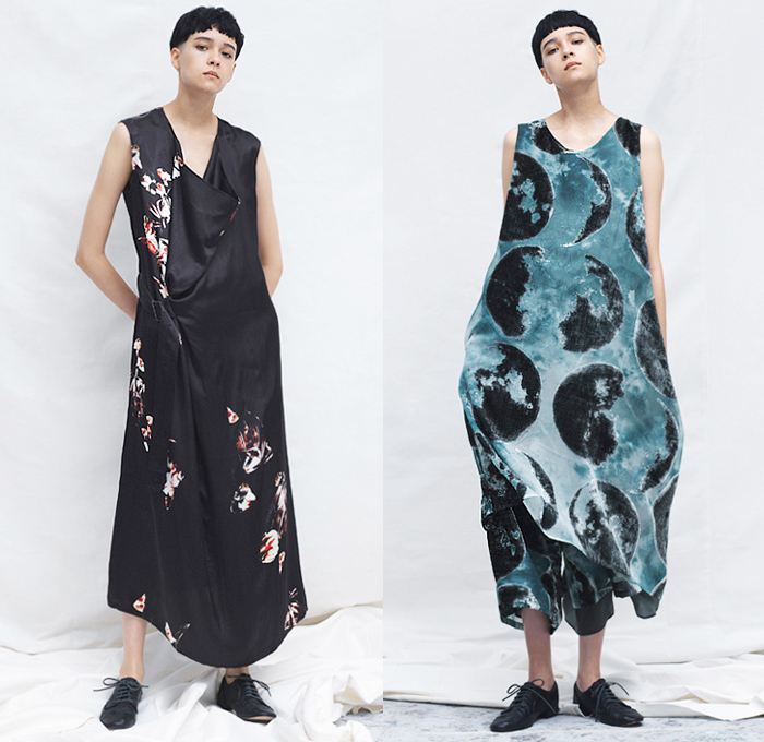 Y's by Yohji Yamamoto 2020 Resort Cruise Pre-Spring Womens Lookbook Presentation - Faded Bleached Denim Jeans Gradient Coat Parka Hoodie Cropped Blazer Slouchy Deconstructed Onesie Shirtdress Asymmetrical Buttons Knit Cardigan Silk Satin Flowers Floral Moon Phase Maxi Dress Drawstring Strap Capelet Tied Knot Wide Leg Leggings Culottes Cargo Pockets Tote Bag High Tops Sneakers