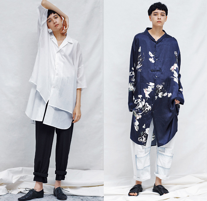 Y's by Yohji Yamamoto 2020 Resort Cruise Pre-Spring Womens Lookbook Presentation - Faded Bleached Denim Jeans Gradient Coat Parka Hoodie Cropped Blazer Slouchy Deconstructed Onesie Shirtdress Asymmetrical Buttons Knit Cardigan Silk Satin Flowers Floral Moon Phase Maxi Dress Drawstring Strap Capelet Tied Knot Wide Leg Leggings Culottes Cargo Pockets Tote Bag High Tops Sneakers