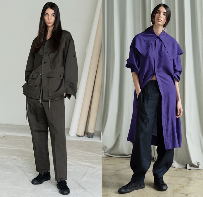 Y's by Yohji Yamamoto 2020 Resort Cruise Pre-Spring Womens Lookbook Presentation - Faded Bleached Denim Jeans Gradient Coat Parka Hoodie Cropped Blazer Slouchy Deconstructed Onesie Shirtdress Asymmetrical Buttons Knit Cardigan Silk Satin Flowers Floral Moon Phase Maxi Dress Drawstring Strap Capelet Tied Knot Wide Leg Leggings Culottes Cargo Pockets Tote Bag High Tops Sneakers