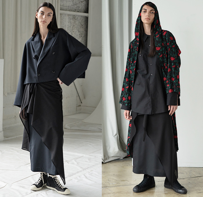 Y's by Yohji Yamamoto 2020 Resort Cruise Pre-Spring Womens Lookbook Presentation - Faded Bleached Denim Jeans Gradient Coat Parka Hoodie Cropped Blazer Slouchy Deconstructed Onesie Shirtdress Asymmetrical Buttons Knit Cardigan Silk Satin Flowers Floral Moon Phase Maxi Dress Drawstring Strap Capelet Tied Knot Wide Leg Leggings Culottes Cargo Pockets Tote Bag High Tops Sneakers