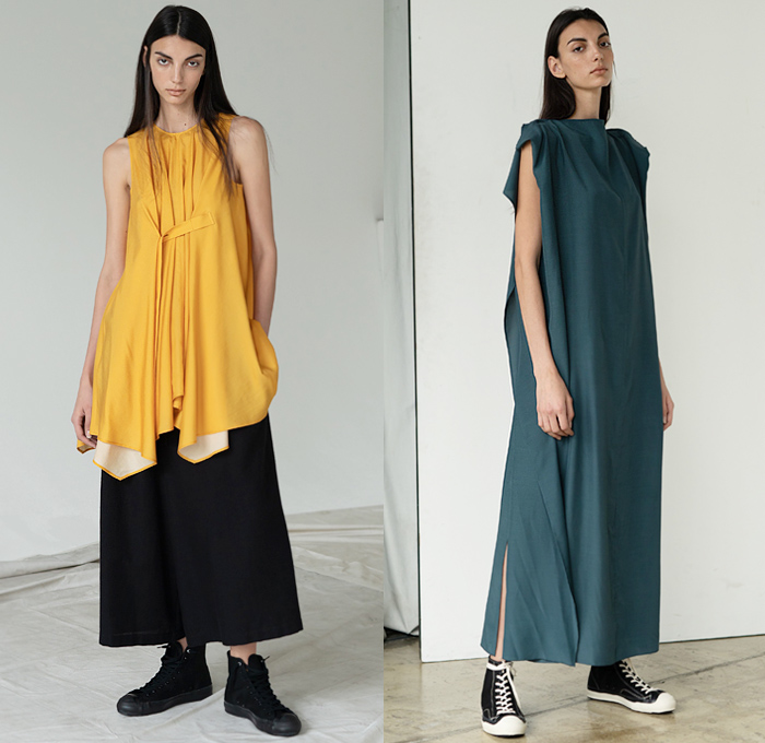 Y's by Yohji Yamamoto 2020 Resort Cruise Pre-Spring Womens Lookbook Presentation - Faded Bleached Denim Jeans Gradient Coat Parka Hoodie Cropped Blazer Slouchy Deconstructed Onesie Shirtdress Asymmetrical Buttons Knit Cardigan Silk Satin Flowers Floral Moon Phase Maxi Dress Drawstring Strap Capelet Tied Knot Wide Leg Leggings Culottes Cargo Pockets Tote Bag High Tops Sneakers