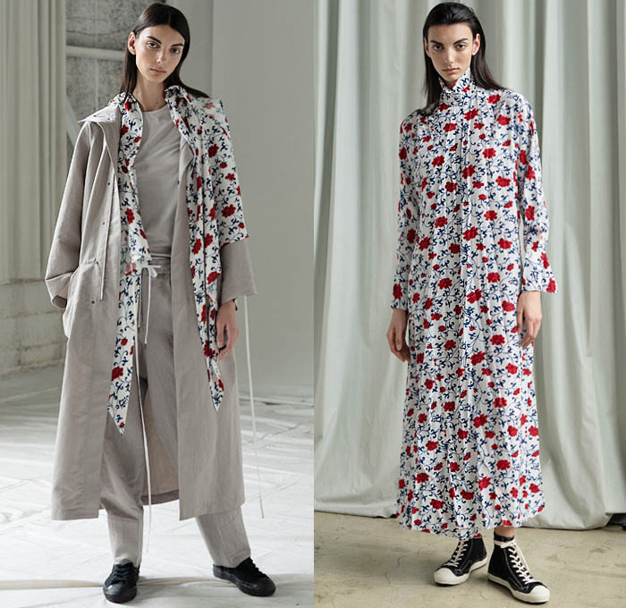 Y's by Yohji Yamamoto 2020 Resort Cruise Pre-Spring Womens Lookbook Presentation - Faded Bleached Denim Jeans Gradient Coat Parka Hoodie Cropped Blazer Slouchy Deconstructed Onesie Shirtdress Asymmetrical Buttons Knit Cardigan Silk Satin Flowers Floral Moon Phase Maxi Dress Drawstring Strap Capelet Tied Knot Wide Leg Leggings Culottes Cargo Pockets Tote Bag High Tops Sneakers
