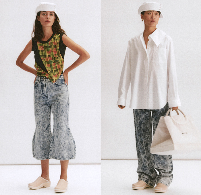 Aalto 2020 Spring Summer Womens Lookbook Presentation - Mode à Paris Fashion Week France - Wave Ocean Life Stingray Hat Overpleat Wide Leg Denim Jeans Acid Wash Abstract Bralette Jacket Tied Knot Cinch Draped Sleeveless Blouse Wide Collar Long Sleeve Sailor Buttoned Scarf Long Skirt Wool Check Blazer Dress Shirtdress Straps Trench Coat Tote Bag Clogs