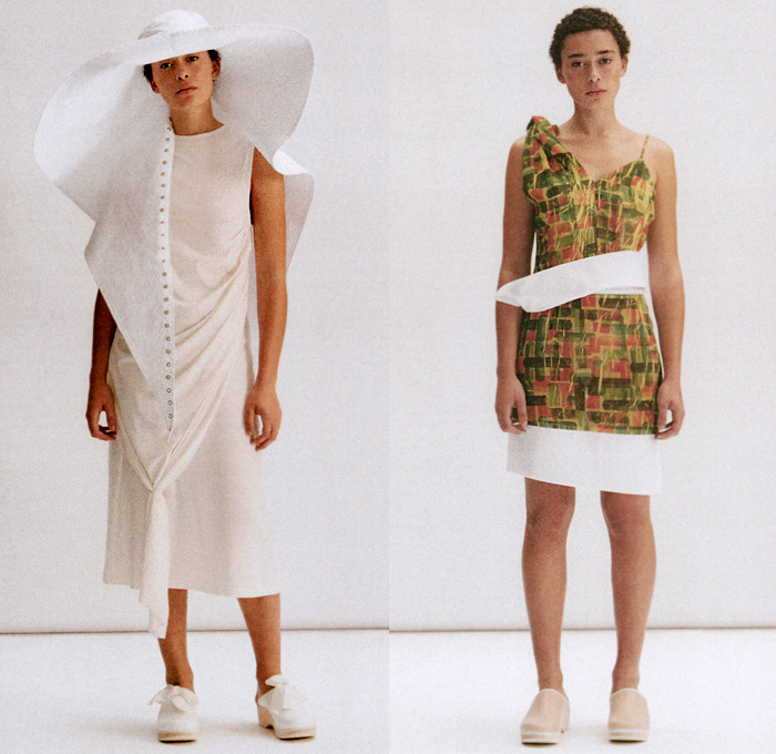 Aalto 2020 Spring Summer Womens Lookbook Presentation - Mode à Paris Fashion Week France - Wave Ocean Life Stingray Hat Overpleat Wide Leg Denim Jeans Acid Wash Abstract Bralette Jacket Tied Knot Cinch Draped Sleeveless Blouse Wide Collar Long Sleeve Sailor Buttoned Scarf Long Skirt Wool Check Blazer Dress Shirtdress Straps Trench Coat Tote Bag Clogs