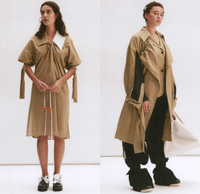 Aalto 2020 Spring Summer Womens Lookbook Presentation - Mode à Paris Fashion Week France - Wave Ocean Life Stingray Hat Overpleat Wide Leg Denim Jeans Acid Wash Abstract Bralette Jacket Tied Knot Cinch Draped Sleeveless Blouse Wide Collar Long Sleeve Sailor Buttoned Scarf Long Skirt Wool Check Blazer Dress Shirtdress Straps Trench Coat Tote Bag Clogs