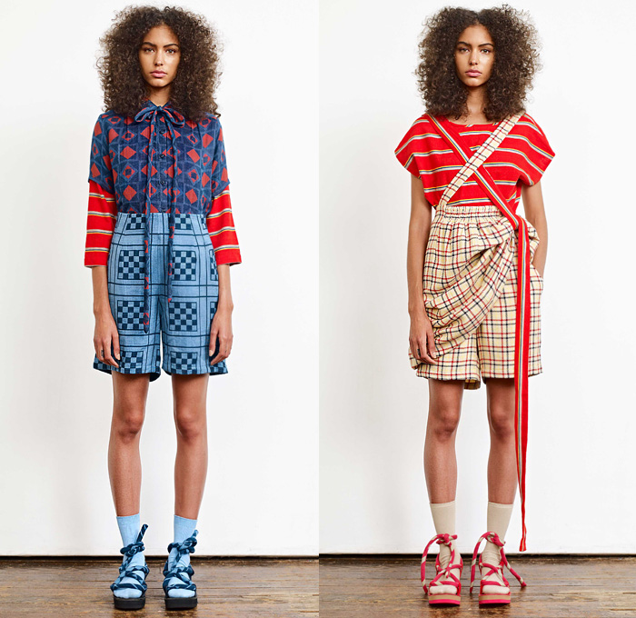 Ace + Jig 2020 Spring Summer Womens Lookbook Presentation - New York Fashion Week NYFW - Woven Lightweight Knit Weave Textiles Fabrics Stripes Racing Check Plaid Argyle Geometric Diamond Shapes Layers Linen Shirt Blouse Sweater Pinafore Apron Prairie Peasant Dress Half Split Sash Rope Waist Kimono Robe Cinch Waist Shorts Cords Tied Knot Wide Leg Pants Double Skirt Buttons Socks Sandals