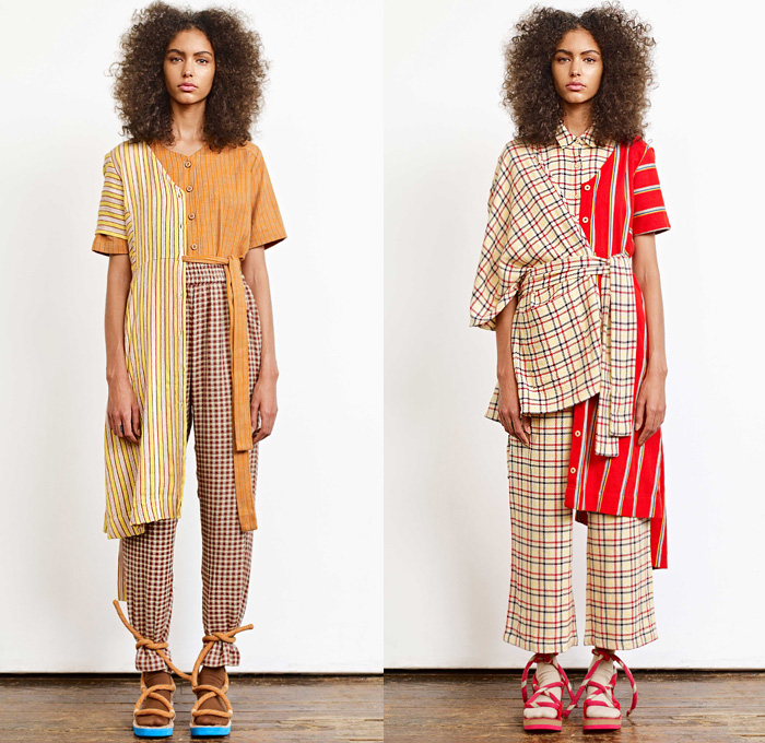 Ace + Jig 2020 Spring Summer Womens Lookbook Presentation - New York Fashion Week NYFW - Woven Lightweight Knit Weave Textiles Fabrics Stripes Racing Check Plaid Argyle Geometric Diamond Shapes Layers Linen Shirt Blouse Sweater Pinafore Apron Prairie Peasant Dress Half Split Sash Rope Waist Kimono Robe Cinch Waist Shorts Cords Tied Knot Wide Leg Pants Double Skirt Buttons Socks Sandals