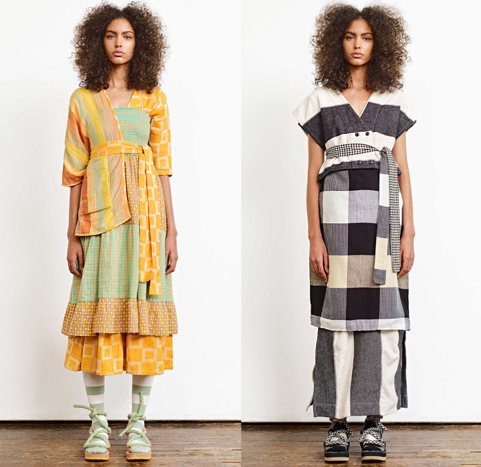 Ace + Jig 2020 Spring Summer Womens Lookbook Presentation - New York Fashion Week NYFW - Woven Lightweight Knit Weave Textiles Fabrics Stripes Racing Check Plaid Argyle Geometric Diamond Shapes Layers Linen Shirt Blouse Sweater Pinafore Apron Prairie Peasant Dress Half Split Sash Rope Waist Kimono Robe Cinch Waist Shorts Cords Tied Knot Wide Leg Pants Double Skirt Buttons Socks Sandals