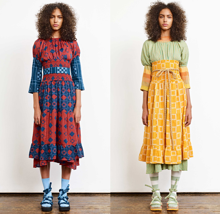 Ace + Jig 2020 Spring Summer Womens Lookbook Presentation - New York Fashion Week NYFW - Woven Lightweight Knit Weave Textiles Fabrics Stripes Racing Check Plaid Argyle Geometric Diamond Shapes Layers Linen Shirt Blouse Sweater Pinafore Apron Prairie Peasant Dress Half Split Sash Rope Waist Kimono Robe Cinch Waist Shorts Cords Tied Knot Wide Leg Pants Double Skirt Buttons Socks Sandals