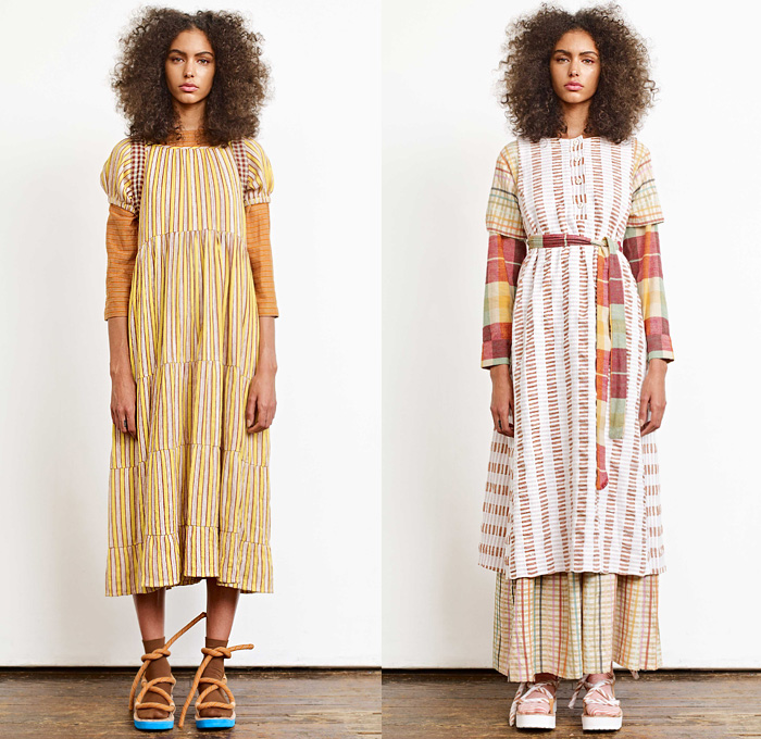 Ace + Jig 2020 Spring Summer Womens Lookbook Presentation - New York Fashion Week NYFW - Woven Lightweight Knit Weave Textiles Fabrics Stripes Racing Check Plaid Argyle Geometric Diamond Shapes Layers Linen Shirt Blouse Sweater Pinafore Apron Prairie Peasant Dress Half Split Sash Rope Waist Kimono Robe Cinch Waist Shorts Cords Tied Knot Wide Leg Pants Double Skirt Buttons Socks Sandals