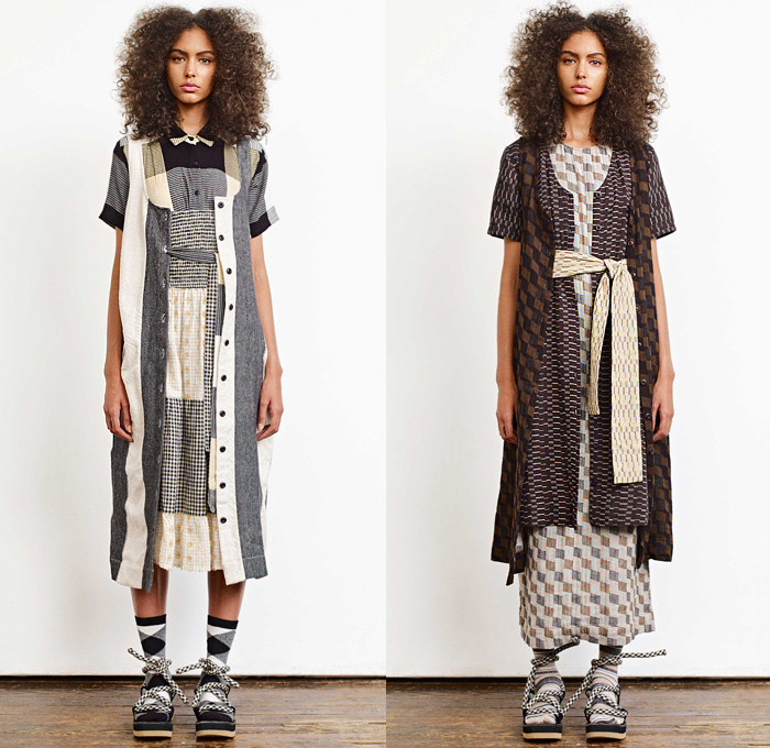 Ace + Jig 2020 Spring Summer Womens Lookbook Presentation - New York Fashion Week NYFW - Woven Lightweight Knit Weave Textiles Fabrics Stripes Racing Check Plaid Argyle Geometric Diamond Shapes Layers Linen Shirt Blouse Sweater Pinafore Apron Prairie Peasant Dress Half Split Sash Rope Waist Kimono Robe Cinch Waist Shorts Cords Tied Knot Wide Leg Pants Double Skirt Buttons Socks Sandals