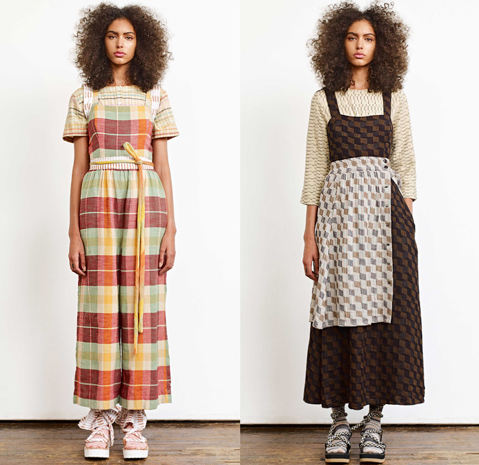 Ace + Jig 2020 Spring Summer Womens Lookbook Presentation - New York Fashion Week NYFW - Woven Lightweight Knit Weave Textiles Fabrics Stripes Racing Check Plaid Argyle Geometric Diamond Shapes Layers Linen Shirt Blouse Sweater Pinafore Apron Prairie Peasant Dress Half Split Sash Rope Waist Kimono Robe Cinch Waist Shorts Cords Tied Knot Wide Leg Pants Double Skirt Buttons Socks Sandals