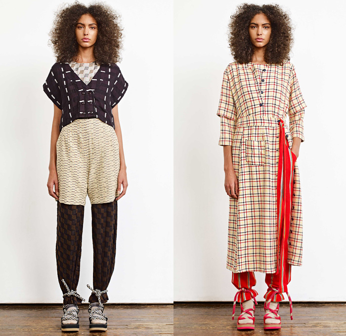 Ace + Jig 2020 Spring Summer Womens Lookbook Presentation - New York Fashion Week NYFW - Woven Lightweight Knit Weave Textiles Fabrics Stripes Racing Check Plaid Argyle Geometric Diamond Shapes Layers Linen Shirt Blouse Sweater Pinafore Apron Prairie Peasant Dress Half Split Sash Rope Waist Kimono Robe Cinch Waist Shorts Cords Tied Knot Wide Leg Pants Double Skirt Buttons Socks Sandals