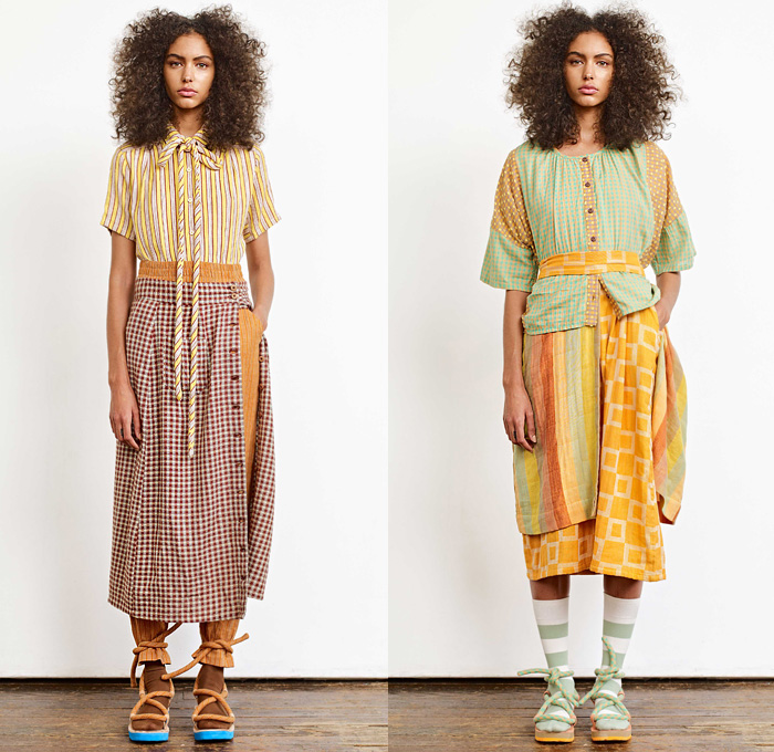 Ace + Jig 2020 Spring Summer Womens Lookbook Presentation - New York Fashion Week NYFW - Woven Lightweight Knit Weave Textiles Fabrics Stripes Racing Check Plaid Argyle Geometric Diamond Shapes Layers Linen Shirt Blouse Sweater Pinafore Apron Prairie Peasant Dress Half Split Sash Rope Waist Kimono Robe Cinch Waist Shorts Cords Tied Knot Wide Leg Pants Double Skirt Buttons Socks Sandals