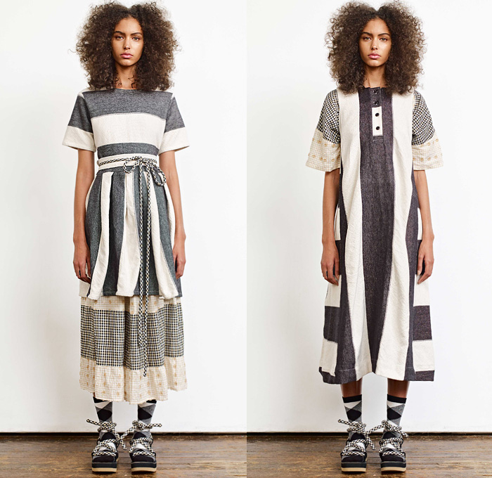 Ace + Jig 2020 Spring Summer Womens Lookbook Presentation - New York Fashion Week NYFW - Woven Lightweight Knit Weave Textiles Fabrics Stripes Racing Check Plaid Argyle Geometric Diamond Shapes Layers Linen Shirt Blouse Sweater Pinafore Apron Prairie Peasant Dress Half Split Sash Rope Waist Kimono Robe Cinch Waist Shorts Cords Tied Knot Wide Leg Pants Double Skirt Buttons Socks Sandals