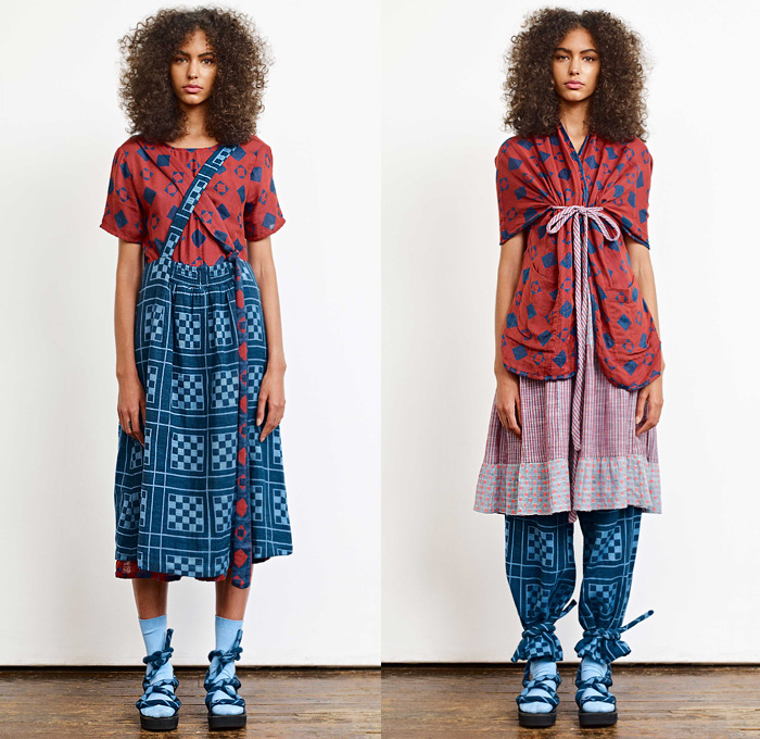 Ace + Jig 2020 Spring Summer Womens Lookbook Presentation - New York Fashion Week NYFW - Woven Lightweight Knit Weave Textiles Fabrics Stripes Racing Check Plaid Argyle Geometric Diamond Shapes Layers Linen Shirt Blouse Sweater Pinafore Apron Prairie Peasant Dress Half Split Sash Rope Waist Kimono Robe Cinch Waist Shorts Cords Tied Knot Wide Leg Pants Double Skirt Buttons Socks Sandals