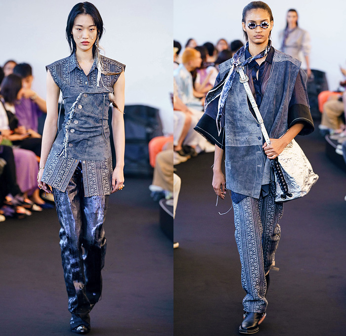 Acne Studios 2020 Spring Summer Womens Runway Catwalk Looks Collection Paris France - Grunge Bohemian Rustic Metallic Denim Jeans Frayed Raw Hem Vest Decorative Art Floral Knit Crochet Mesh Threads Destroyed Shirtdress Sheer Chiffon Maxi Dress Boxy Poufy Shoulders Long Sleeve Blouse Pantsuit Blazer Bedazzled Crystals Scarf Grommets Pinstripe Wrinkled Strapless Bootcut Pants Crossbody Handbag Steampunk Sunglasses Sandals Boots Lace Up Bucket Hat