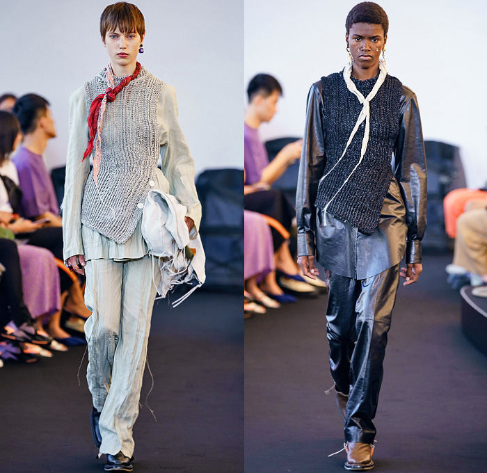 Acne Studios 2020 Spring Summer Womens Runway Catwalk Looks Collection Paris France - Grunge Bohemian Rustic Metallic Denim Jeans Frayed Raw Hem Vest Decorative Art Floral Knit Crochet Mesh Threads Destroyed Shirtdress Sheer Chiffon Maxi Dress Boxy Poufy Shoulders Long Sleeve Blouse Pantsuit Blazer Bedazzled Crystals Scarf Grommets Pinstripe Wrinkled Strapless Bootcut Pants Crossbody Handbag Steampunk Sunglasses Sandals Boots Lace Up Bucket Hat