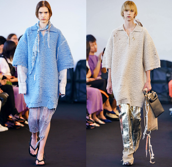 Acne Studios 2020 Spring Summer Womens Runway Catwalk Looks Collection Paris France - Grunge Bohemian Rustic Metallic Denim Jeans Frayed Raw Hem Vest Decorative Art Floral Knit Crochet Mesh Threads Destroyed Shirtdress Sheer Chiffon Maxi Dress Boxy Poufy Shoulders Long Sleeve Blouse Pantsuit Blazer Bedazzled Crystals Scarf Grommets Pinstripe Wrinkled Strapless Bootcut Pants Crossbody Handbag Steampunk Sunglasses Sandals Boots Lace Up Bucket Hat