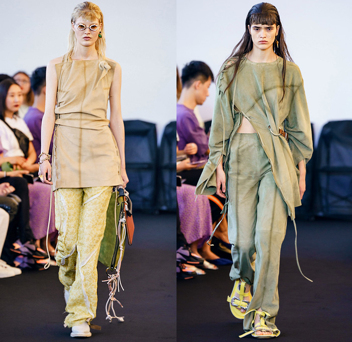 Acne Studios 2020 Spring Summer Womens Runway Catwalk Looks Collection Paris France - Grunge Bohemian Rustic Metallic Denim Jeans Frayed Raw Hem Vest Decorative Art Floral Knit Crochet Mesh Threads Destroyed Shirtdress Sheer Chiffon Maxi Dress Boxy Poufy Shoulders Long Sleeve Blouse Pantsuit Blazer Bedazzled Crystals Scarf Grommets Pinstripe Wrinkled Strapless Bootcut Pants Crossbody Handbag Steampunk Sunglasses Sandals Boots Lace Up Bucket Hat