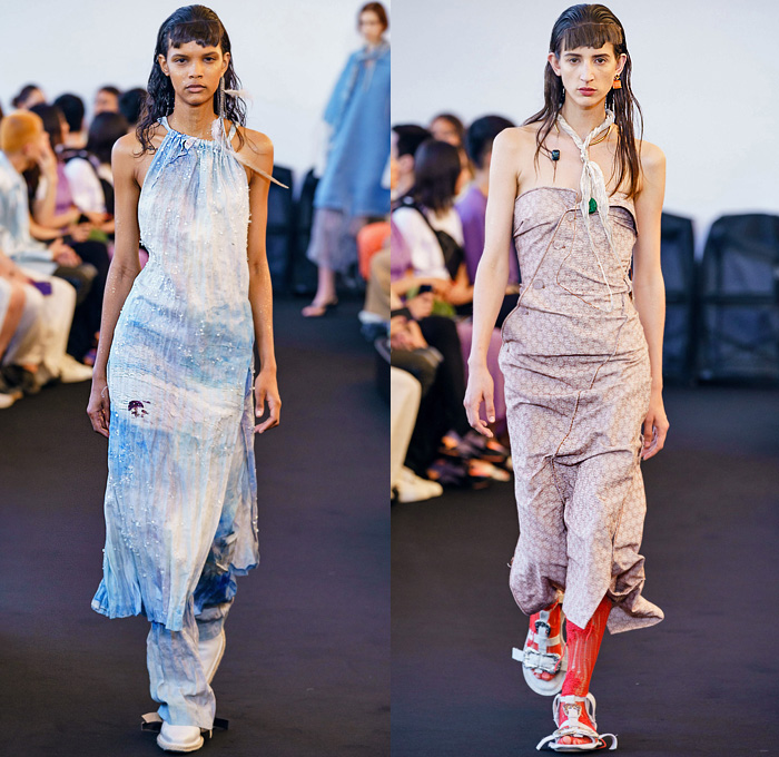 Acne Studios 2020 Spring Summer Womens Runway Catwalk Looks Collection Paris France - Grunge Bohemian Rustic Metallic Denim Jeans Frayed Raw Hem Vest Decorative Art Floral Knit Crochet Mesh Threads Destroyed Shirtdress Sheer Chiffon Maxi Dress Boxy Poufy Shoulders Long Sleeve Blouse Pantsuit Blazer Bedazzled Crystals Scarf Grommets Pinstripe Wrinkled Strapless Bootcut Pants Crossbody Handbag Steampunk Sunglasses Sandals Boots Lace Up Bucket Hat