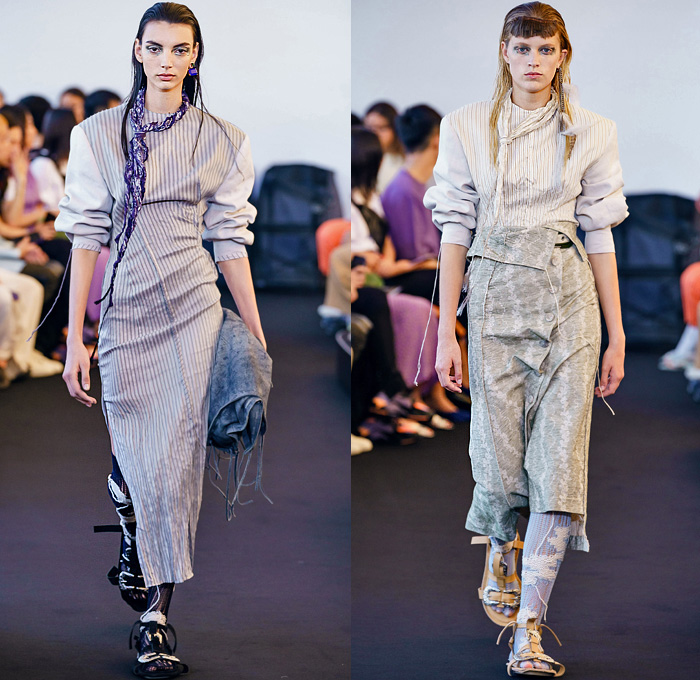 Acne Studios 2020 Spring Summer Womens Runway Catwalk Looks Collection Paris France - Grunge Bohemian Rustic Metallic Denim Jeans Frayed Raw Hem Vest Decorative Art Floral Knit Crochet Mesh Threads Destroyed Shirtdress Sheer Chiffon Maxi Dress Boxy Poufy Shoulders Long Sleeve Blouse Pantsuit Blazer Bedazzled Crystals Scarf Grommets Pinstripe Wrinkled Strapless Bootcut Pants Crossbody Handbag Steampunk Sunglasses Sandals Boots Lace Up Bucket Hat