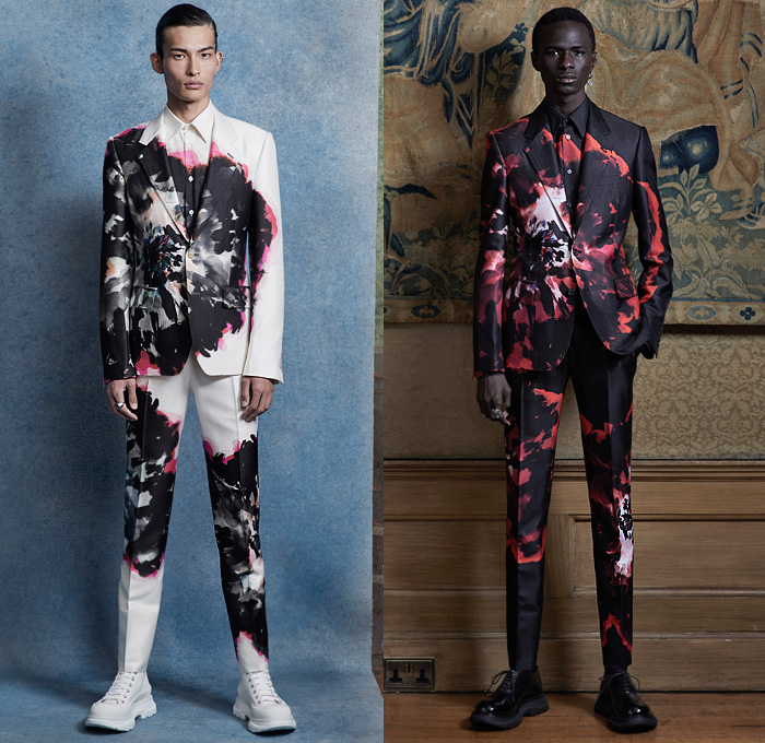 Alexander McQueen 2020 Spring Summer Mens Lookbook Presentation London Fashion Week Mens LFWM - 1990s Nineties Japan Sartorial Suit Blazer Jacket Abstract Rorschach Flowers Floral Double Lapel Pinstripe Lace Cutwork Mesh Long Sleeve Shirt Half Kilt Skirt Panel Accordion Pleats Bedazzled Crystals Gems Jewels Neck Tie Fringes Cropped Pants Sneaker Boots