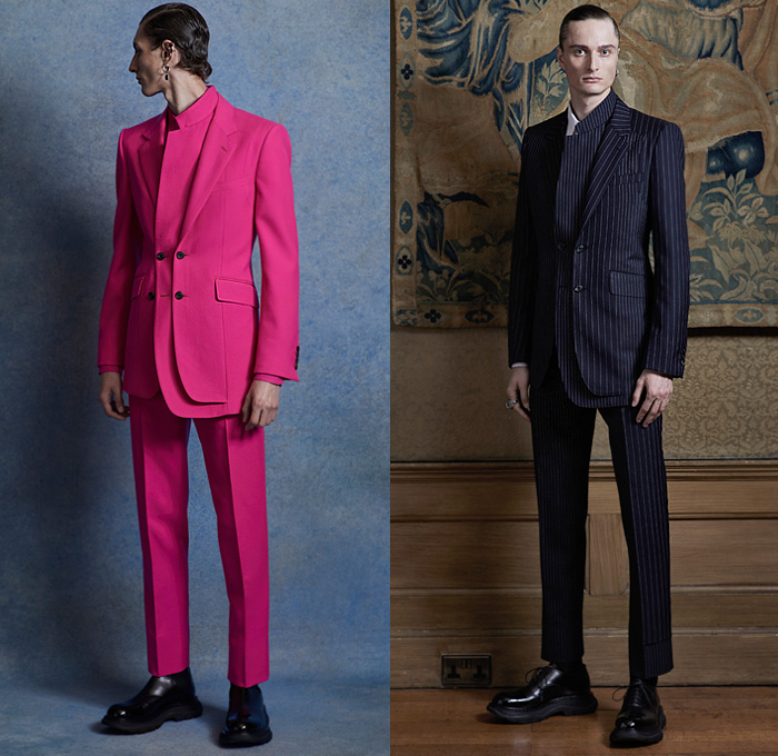 Alexander McQueen 2020 Spring Summer Mens Lookbook Presentation London Fashion Week Mens LFWM - 1990s Nineties Japan Sartorial Suit Blazer Jacket Abstract Rorschach Flowers Floral Double Lapel Pinstripe Lace Cutwork Mesh Long Sleeve Shirt Half Kilt Skirt Panel Accordion Pleats Bedazzled Crystals Gems Jewels Neck Tie Fringes Cropped Pants Sneaker Boots