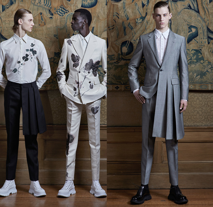 Alexander McQueen 2020 Spring Summer Mens Lookbook Presentation London Fashion Week Mens LFWM - 1990s Nineties Japan Sartorial Suit Blazer Jacket Abstract Rorschach Flowers Floral Double Lapel Pinstripe Lace Cutwork Mesh Long Sleeve Shirt Half Kilt Skirt Panel Accordion Pleats Bedazzled Crystals Gems Jewels Neck Tie Fringes Cropped Pants Sneaker Boots