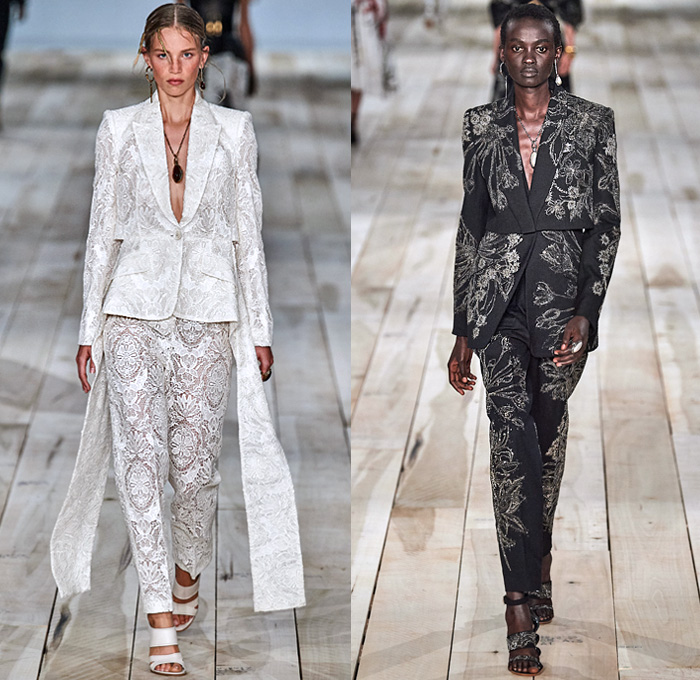 Alexander McQueen 2020 Spring Summer Womens Runway Looks Collection - Mode à Paris Fashion Week France - Spiked Floral Dress  Silk Organza Gauze Tulle Exploded Ruffles Lace Mesh Embroidery Eyelets Knit Silver Gold Bullion Flax Flowers Poufy Shoulders Leg O'Mutton Puff Cocoon Sleeves Ivory Linen One Shoulder Asymmetrical Strapless Gown Deconstructed Jacket Pantsuit Trench Coat Dancing Girls Sketches Peg Pants Wool Silk Metal Grommets Tied Leather Stripes Wide Belt Handbag Purse Boots