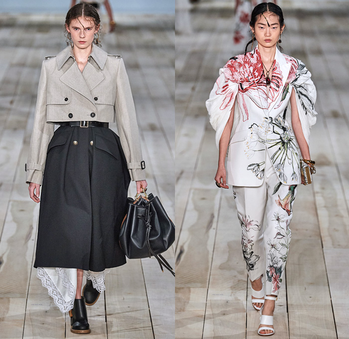 Alexander McQueen 2020 Spring Summer Womens Runway Looks Collection - Mode à Paris Fashion Week France - Spiked Floral Dress  Silk Organza Gauze Tulle Exploded Ruffles Lace Mesh Embroidery Eyelets Knit Silver Gold Bullion Flax Flowers Poufy Shoulders Leg O'Mutton Puff Cocoon Sleeves Ivory Linen One Shoulder Asymmetrical Strapless Gown Deconstructed Jacket Pantsuit Trench Coat Dancing Girls Sketches Peg Pants Wool Silk Metal Grommets Tied Leather Stripes Wide Belt Handbag Purse Boots
