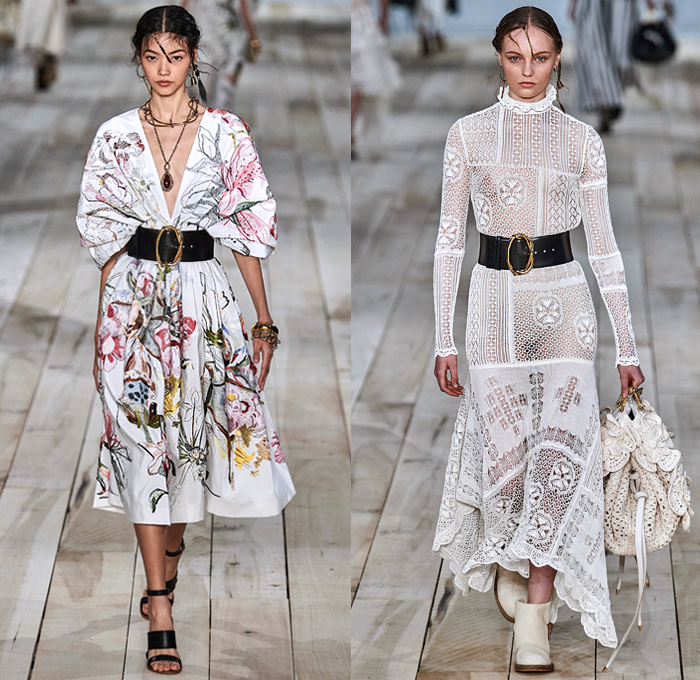 Alexander McQueen 2020 Spring Summer Womens Runway Looks Collection - Mode à Paris Fashion Week France - Spiked Floral Dress  Silk Organza Gauze Tulle Exploded Ruffles Lace Mesh Embroidery Eyelets Knit Silver Gold Bullion Flax Flowers Poufy Shoulders Leg O'Mutton Puff Cocoon Sleeves Ivory Linen One Shoulder Asymmetrical Strapless Gown Deconstructed Jacket Pantsuit Trench Coat Dancing Girls Sketches Peg Pants Wool Silk Metal Grommets Tied Leather Stripes Wide Belt Handbag Purse Boots