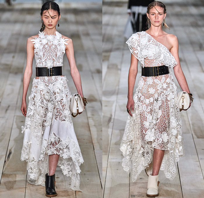 Alexander McQueen 2020 Spring Summer Womens Runway Looks Collection - Mode à Paris Fashion Week France - Spiked Floral Dress  Silk Organza Gauze Tulle Exploded Ruffles Lace Mesh Embroidery Eyelets Knit Silver Gold Bullion Flax Flowers Poufy Shoulders Leg O'Mutton Puff Cocoon Sleeves Ivory Linen One Shoulder Asymmetrical Strapless Gown Deconstructed Jacket Pantsuit Trench Coat Dancing Girls Sketches Peg Pants Wool Silk Metal Grommets Tied Leather Stripes Wide Belt Handbag Purse Boots