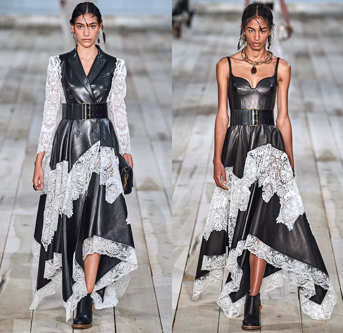 Alexander McQueen 2020 Spring Summer Womens Runway Looks Collection - Mode à Paris Fashion Week France - Spiked Floral Dress  Silk Organza Gauze Tulle Exploded Ruffles Lace Mesh Embroidery Eyelets Knit Silver Gold Bullion Flax Flowers Poufy Shoulders Leg O'Mutton Puff Cocoon Sleeves Ivory Linen One Shoulder Asymmetrical Strapless Gown Deconstructed Jacket Pantsuit Trench Coat Dancing Girls Sketches Peg Pants Wool Silk Metal Grommets Tied Leather Stripes Wide Belt Handbag Purse Boots