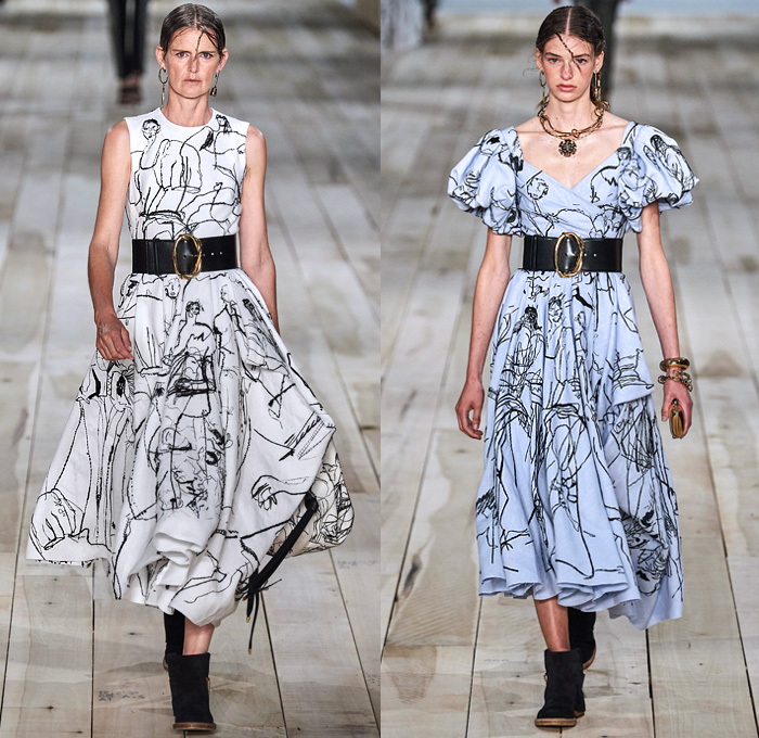 Alexander McQueen 2020 Spring Summer Womens Runway Looks Collection - Mode à Paris Fashion Week France - Spiked Floral Dress  Silk Organza Gauze Tulle Exploded Ruffles Lace Mesh Embroidery Eyelets Knit Silver Gold Bullion Flax Flowers Poufy Shoulders Leg O'Mutton Puff Cocoon Sleeves Ivory Linen One Shoulder Asymmetrical Strapless Gown Deconstructed Jacket Pantsuit Trench Coat Dancing Girls Sketches Peg Pants Wool Silk Metal Grommets Tied Leather Stripes Wide Belt Handbag Purse Boots