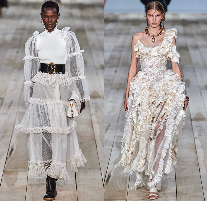 Alexander McQueen 2020 Spring Summer Womens Runway Looks Collection - Mode à Paris Fashion Week France - Spiked Floral Dress  Silk Organza Gauze Tulle Exploded Ruffles Lace Mesh Embroidery Eyelets Knit Silver Gold Bullion Flax Flowers Poufy Shoulders Leg O'Mutton Puff Cocoon Sleeves Ivory Linen One Shoulder Asymmetrical Strapless Gown Deconstructed Jacket Pantsuit Trench Coat Dancing Girls Sketches Peg Pants Wool Silk Metal Grommets Tied Leather Stripes Wide Belt Handbag Purse Boots