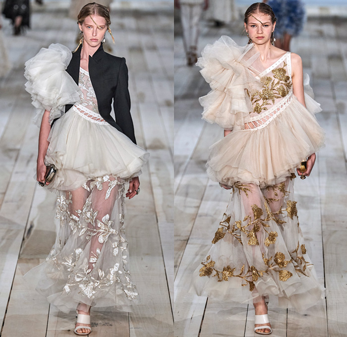 Alexander McQueen 2020 Spring Summer Womens Runway Looks Collection - Mode à Paris Fashion Week France - Spiked Floral Dress  Silk Organza Gauze Tulle Exploded Ruffles Lace Mesh Embroidery Eyelets Knit Silver Gold Bullion Flax Flowers Poufy Shoulders Leg O'Mutton Puff Cocoon Sleeves Ivory Linen One Shoulder Asymmetrical Strapless Gown Deconstructed Jacket Pantsuit Trench Coat Dancing Girls Sketches Peg Pants Wool Silk Metal Grommets Tied Leather Stripes Wide Belt Handbag Purse Boots