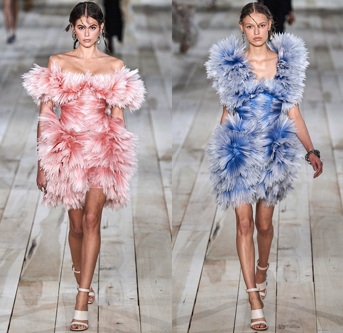 Alexander McQueen 2020 Spring Summer Womens Runway Looks Collection - Mode à Paris Fashion Week France - Spiked Floral Dress  Silk Organza Gauze Tulle Exploded Ruffles Lace Mesh Embroidery Eyelets Knit Silver Gold Bullion Flax Flowers Poufy Shoulders Leg O'Mutton Puff Cocoon Sleeves Ivory Linen One Shoulder Asymmetrical Strapless Gown Deconstructed Jacket Pantsuit Trench Coat Dancing Girls Sketches Peg Pants Wool Silk Metal Grommets Tied Leather Stripes Wide Belt Handbag Purse Boots