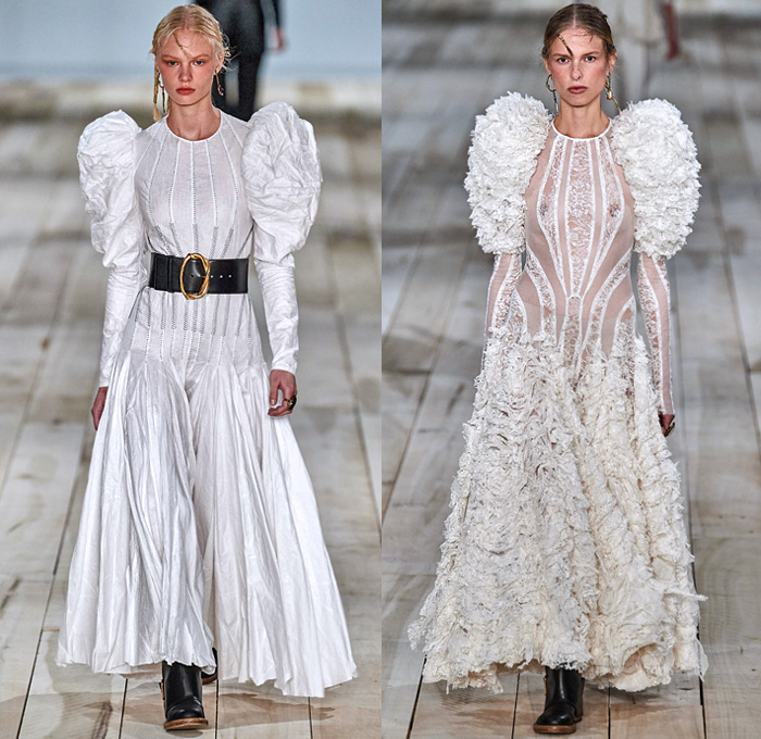 Alexander McQueen 2020 Spring Summer Womens Runway Looks Collection - Mode à Paris Fashion Week France - Spiked Floral Dress  Silk Organza Gauze Tulle Exploded Ruffles Lace Mesh Embroidery Eyelets Knit Silver Gold Bullion Flax Flowers Poufy Shoulders Leg O'Mutton Puff Cocoon Sleeves Ivory Linen One Shoulder Asymmetrical Strapless Gown Deconstructed Jacket Pantsuit Trench Coat Dancing Girls Sketches Peg Pants Wool Silk Metal Grommets Tied Leather Stripes Wide Belt Handbag Purse Boots