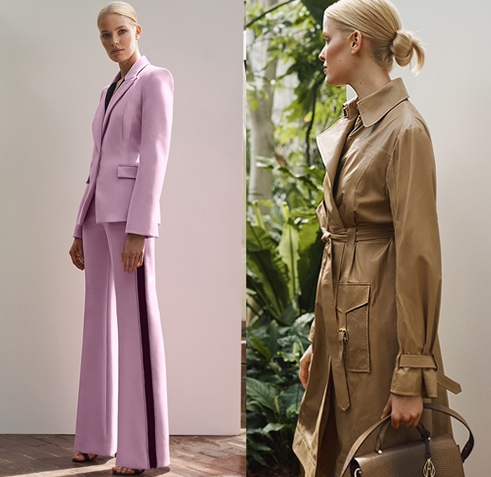 Amanda Wakeley 2020 Spring Summer Womens Lookbook Presentation - Pantsuit Blazer Safari Coat Cargo Pockets Picnic Check Plaid Strap Metal Hooks Strapless Poufy Sleeves Onesie Jumpsuit Coveralls Lace Needlework Embroidery Zebra Stripes Butterfly Wings Print Maxi Dress Silk Satin Gown Tie Up Waist Asymmetrical Angular Hem Knit Wide Leg Cropped Pants Tuxedo Stripe Handbag Heels