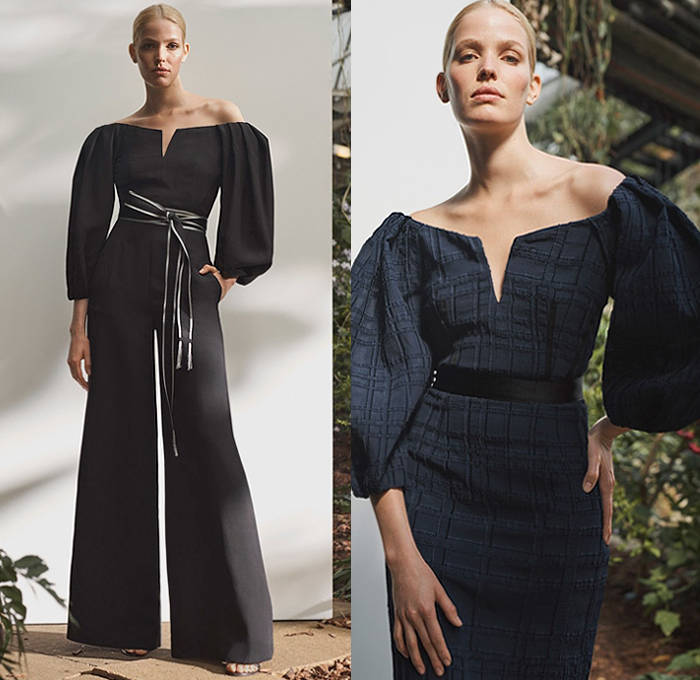 Amanda Wakeley 2020 Spring Summer Womens Lookbook Presentation - Pantsuit Blazer Safari Coat Cargo Pockets Picnic Check Plaid Strap Metal Hooks Strapless Poufy Sleeves Onesie Jumpsuit Coveralls Lace Needlework Embroidery Zebra Stripes Butterfly Wings Print Maxi Dress Silk Satin Gown Tie Up Waist Asymmetrical Angular Hem Knit Wide Leg Cropped Pants Tuxedo Stripe Handbag Heels