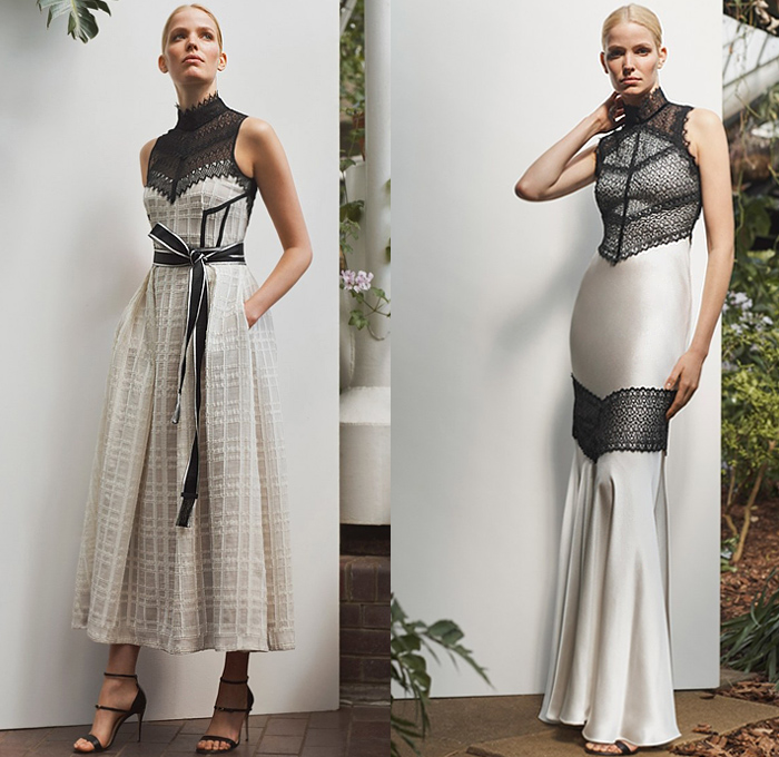 Amanda Wakeley 2020 Spring Summer Womens Lookbook Presentation - Pantsuit Blazer Safari Coat Cargo Pockets Picnic Check Plaid Strap Metal Hooks Strapless Poufy Sleeves Onesie Jumpsuit Coveralls Lace Needlework Embroidery Zebra Stripes Butterfly Wings Print Maxi Dress Silk Satin Gown Tie Up Waist Asymmetrical Angular Hem Knit Wide Leg Cropped Pants Tuxedo Stripe Handbag Heels