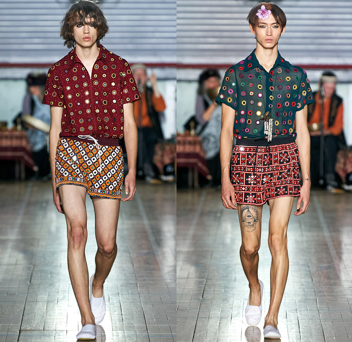 Ashish Gupta 2020 Spring Summer Mens Runway Catwalk Looks Collection - London Fashion Week Collections UK - Bedazzled Embroidery Sequins Circular Mirrors Tribal Ethnic Geometric Knit Weave Wide Leg Pants Denim Jeans Jacket Shirt Shorts Sleeveless Caftan Slip-Ons