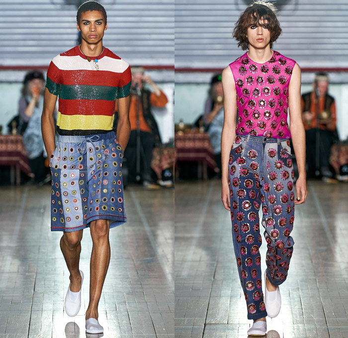 Ashish Gupta 2020 Spring Summer Mens Runway Catwalk Looks Collection - London Fashion Week Collections UK - Bedazzled Embroidery Sequins Circular Mirrors Tribal Ethnic Geometric Knit Weave Wide Leg Pants Denim Jeans Jacket Shirt Shorts Sleeveless Caftan Slip-Ons