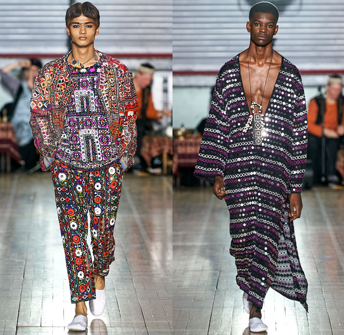 Ashish Gupta 2020 Spring Summer Mens Runway Catwalk Looks Collection - London Fashion Week Collections UK - Bedazzled Embroidery Sequins Circular Mirrors Tribal Ethnic Geometric Knit Weave Wide Leg Pants Denim Jeans Jacket Shirt Shorts Sleeveless Caftan Slip-Ons
